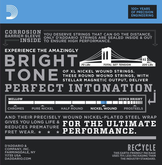 D'Addario EXL140-3D Nickel Wound Electric, Light Top/Heavy Bottom, 10-52, 3 Pack