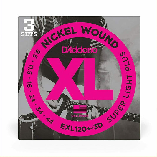 D'Addario EXL120+-3D Nickel Wound Electric Strings, Super Light Plus, 9.5 3-Pack