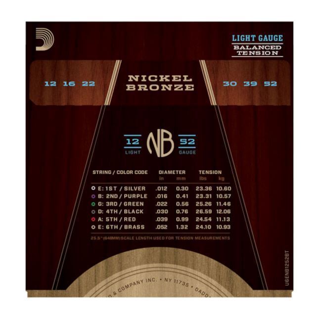 D'Addario NB1252BT Nickel Bronze Acoustic Guitar Strings, Balanced Tension Light