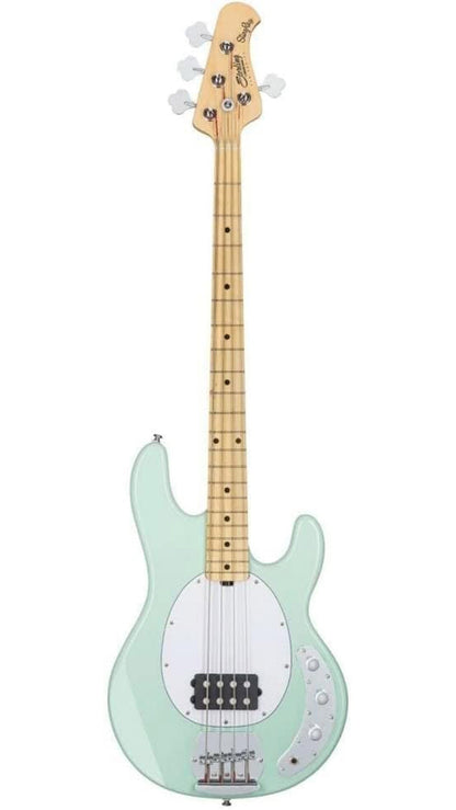 Electric bass guitar with a light green body and white pickguard on a white background