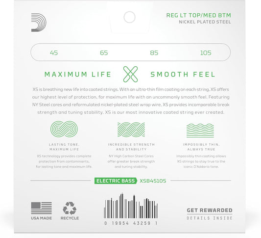 D'Addario 45-105 Light Top Medium Bottom, Long Scale Coated Bass Strings, XSB45105