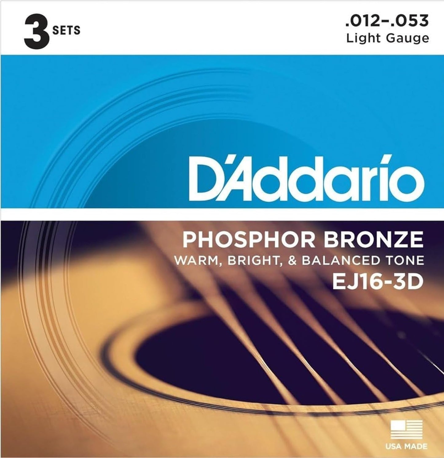 D'Addario EJ16-3D Phosphor Bronze Acoustic Guitar Strings, Light, 3 Sets