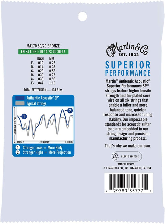 Martin MA170 80/20 Bronze Extra Light Acoustic Guitar Strings, 10-47
