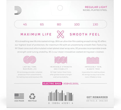 D'Addario 45-130 Regular Light, Super Long Scale Coated Bass Strings, XSB45130SL