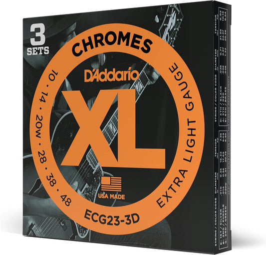 D'Addario ECG23-3D Chromes Flat Wound Guitar Strings, Extra Light, 10-48, 3-Pack