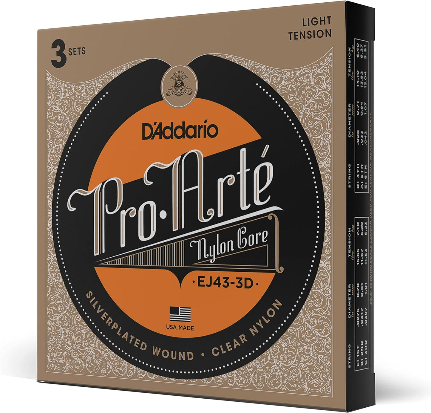 D'Addario EJ43-3D Light Tension, Pro-Arté Nylon Classical Guitar Strings 3-Pack