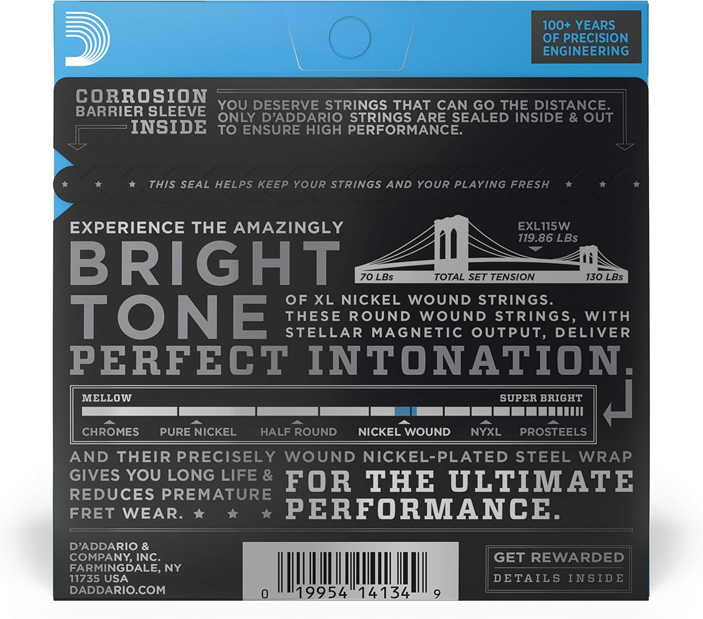 D'Addario EXL115W Nickel Wound, Medium/Blues-Jazz Rock, Wound 3rd, 11-49