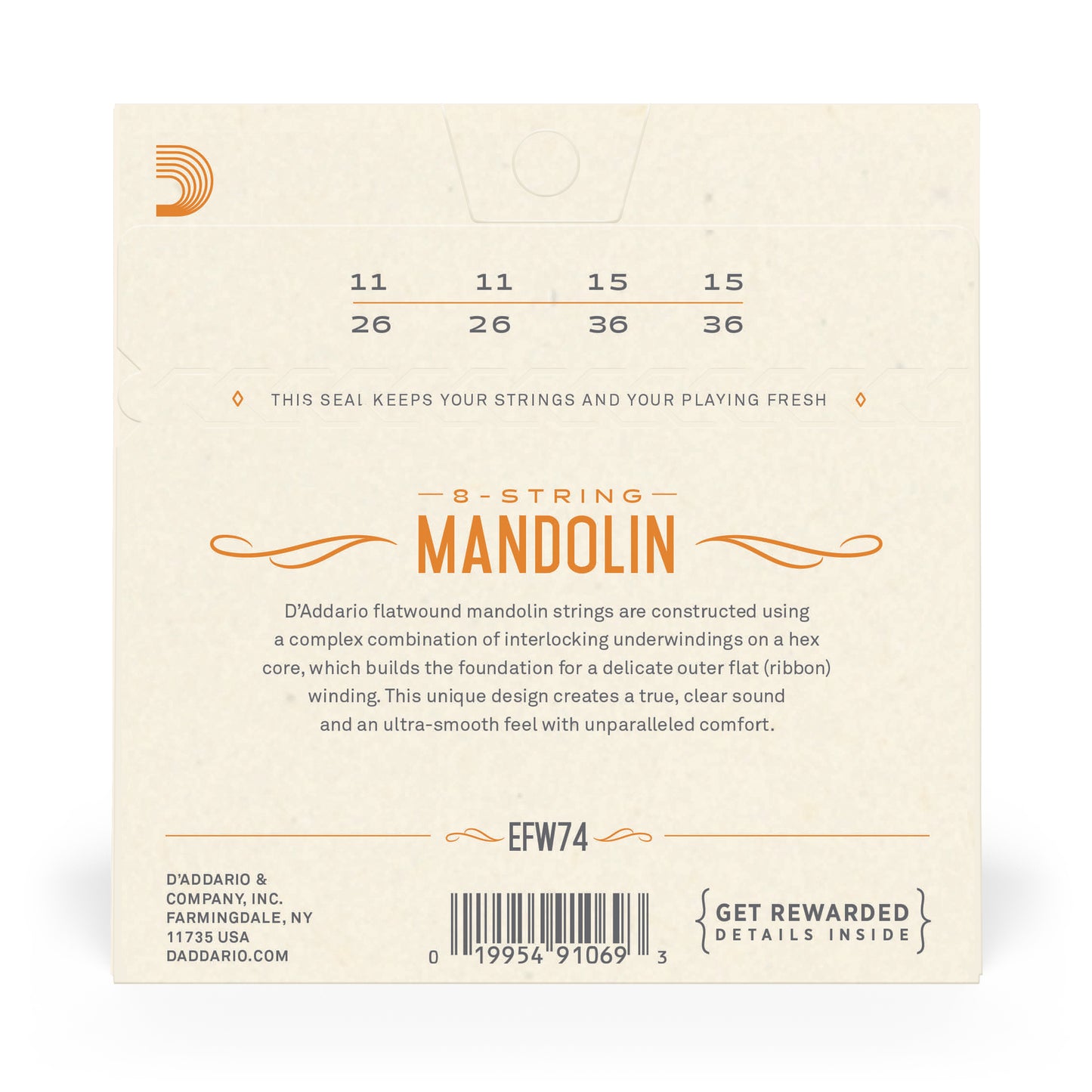 D'Addario EFW74 Flatwound Mandolin Strings, Stainless Steel, Medium, 11-36
