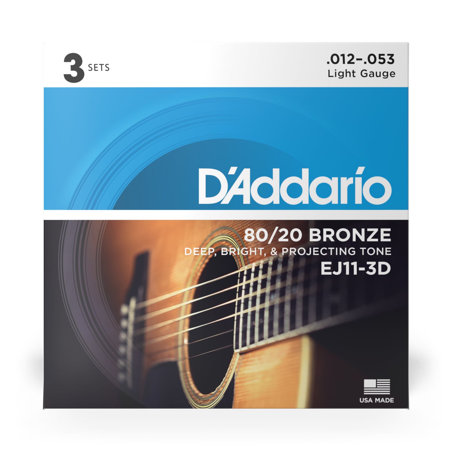 D'Addario EJ11-3D 80/20 Bronze Acoustic Guitar Strings, Light, 12-53, 3-Pack