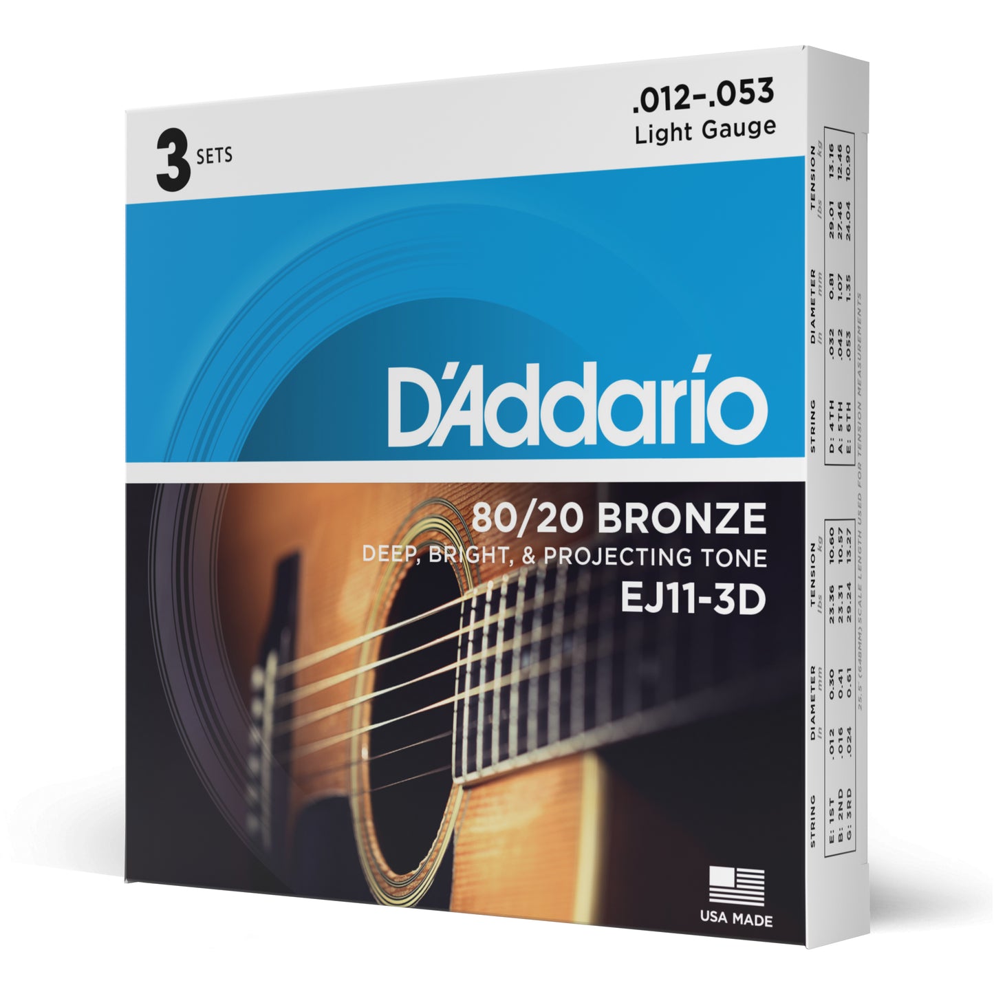 D'Addario EJ11-3D 80/20 Bronze Acoustic Guitar Strings, Light, 12-53, 3-Pack