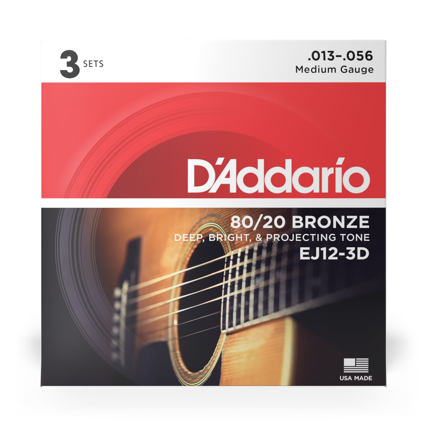 D'Addario EJ12-3D Medium, 80/20 Bronze Acoustic Guitar Strings 3-Pack, 13-56