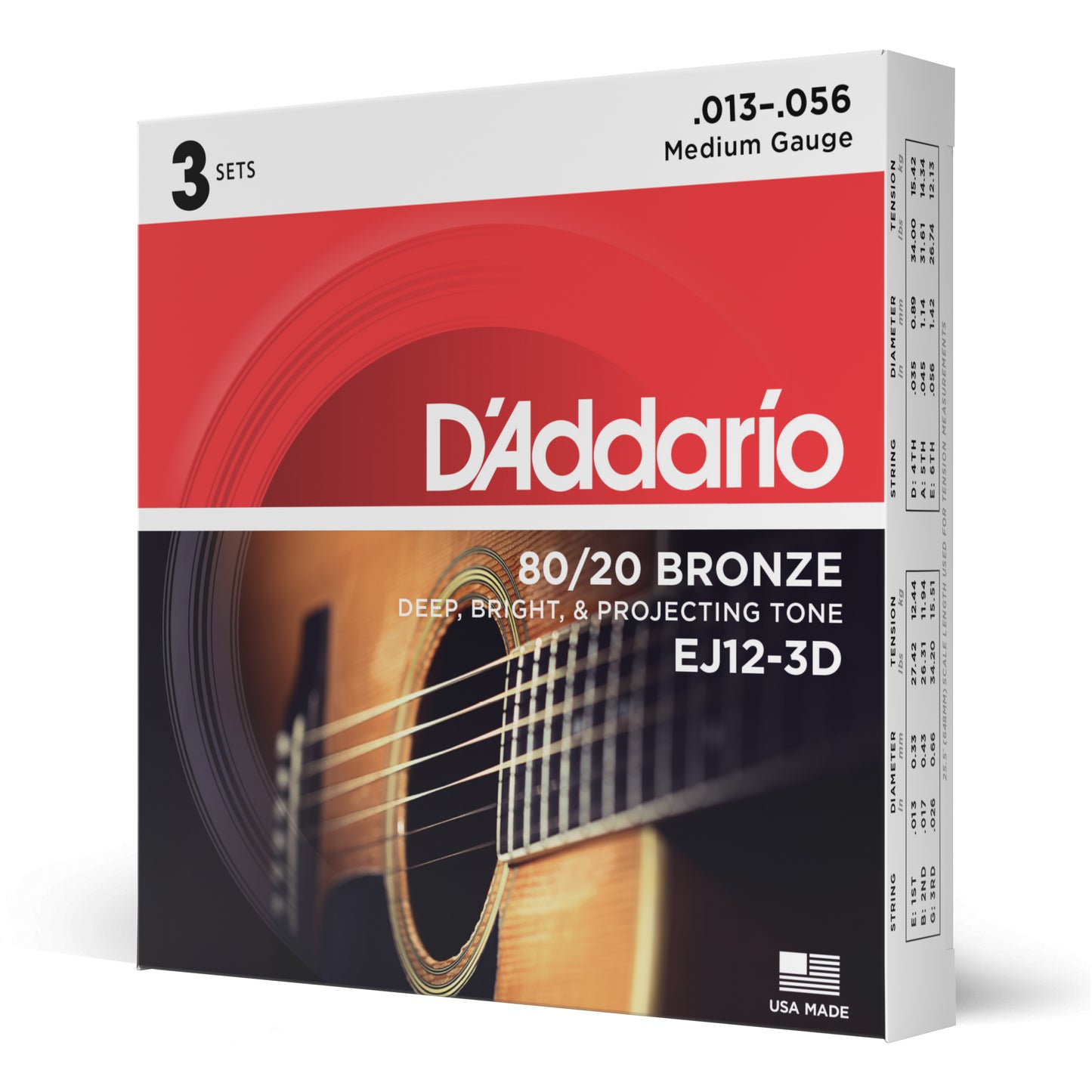 D'Addario EJ12-3D Medium, 80/20 Bronze Acoustic Guitar Strings 3-Pack, 13-56