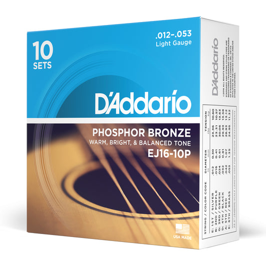 D'Addario EJ16-10P Light, Phosphor Bronze Acoustic Guitar Strings 10-Pack, 12-53