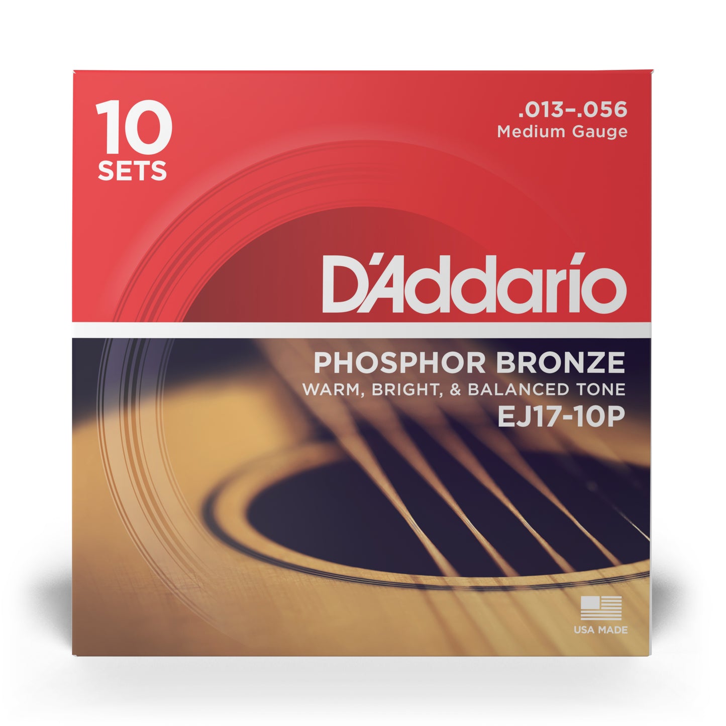 D'Addario EJ17-10P Medium, Phosphor Bronze Acoustic Guitar Strings 10-Pack, 13-56