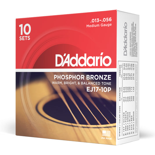 D'Addario EJ17-10P Medium, Phosphor Bronze Acoustic Guitar Strings 10-Pack, 13-56