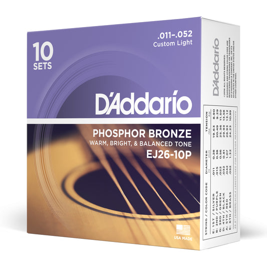 D'Addario EJ26-10P Custom Light, Phosphor Bronze Acoustic Guitar Strings 10-Pack, 11-52