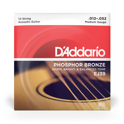 D'Addario Medium 12-String, Phosphor Bronze Acoustic Guitar Strings, 12-52, EJ39