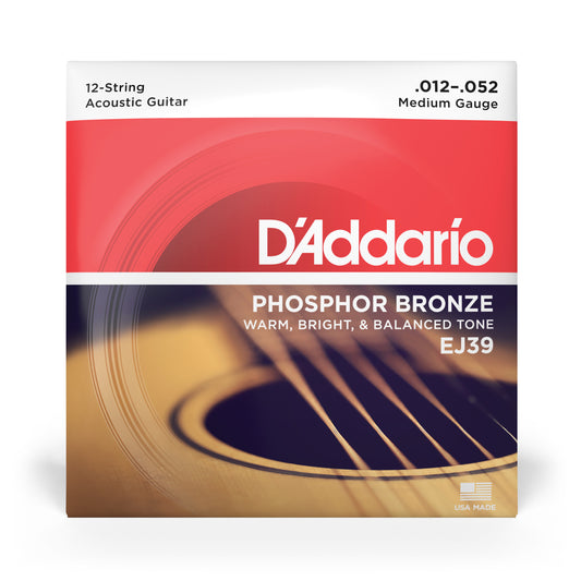 D'Addario Medium 12-String, Phosphor Bronze Acoustic Guitar Strings, 12-52, EJ39
