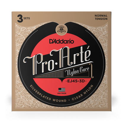 D'Addario EJ45-3D Normal Tension, Pro-Arté Nylon Classical Guitar Strings 3-Pack