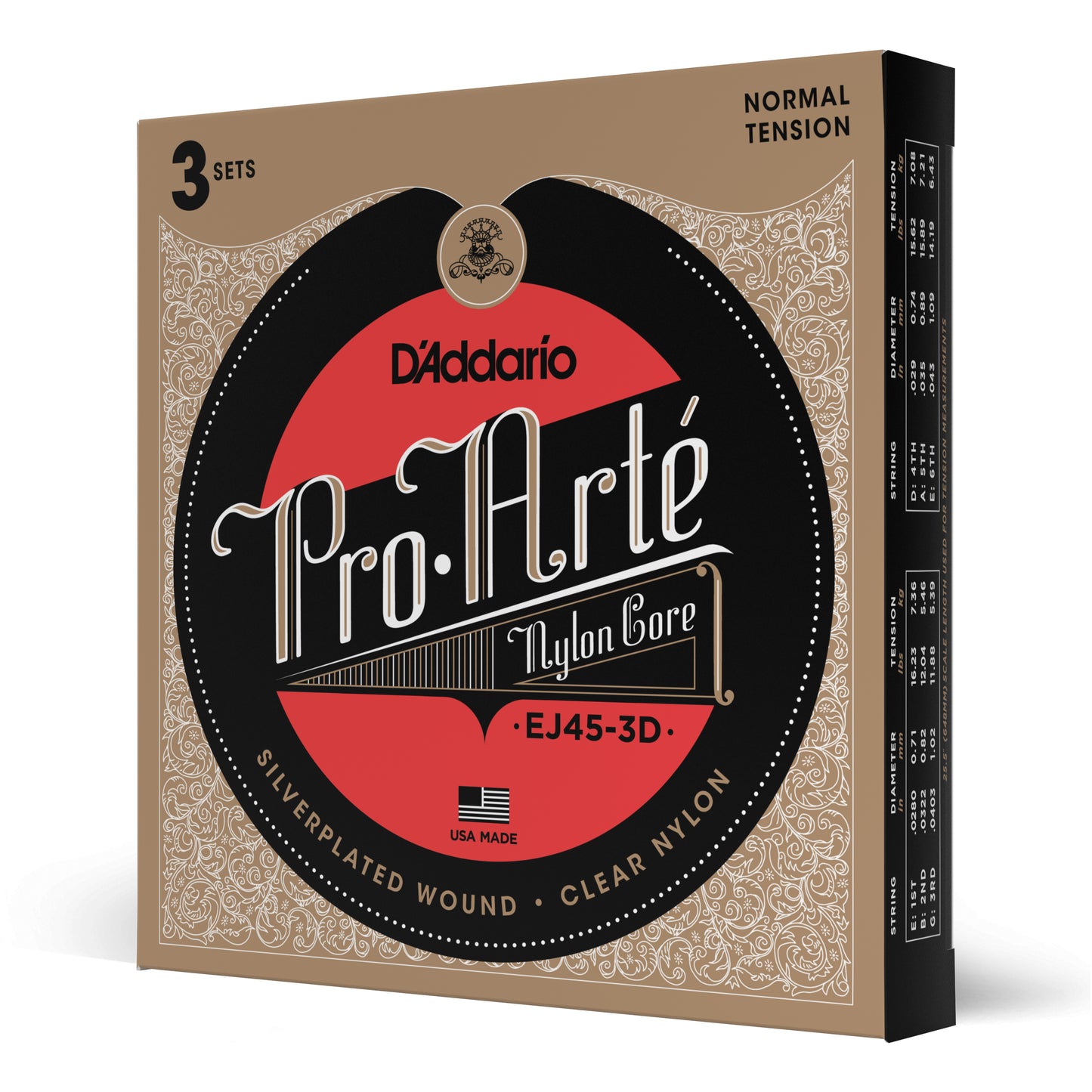 D'Addario EJ45-3D Normal Tension, Pro-Arté Nylon Classical Guitar Strings 3-Pack