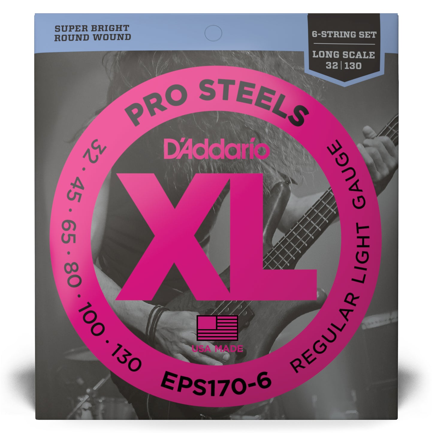 D'Addario EPS170-6 Regular Light 6-String, Long Scale, XL ProSteels Bass Strings, 32-130