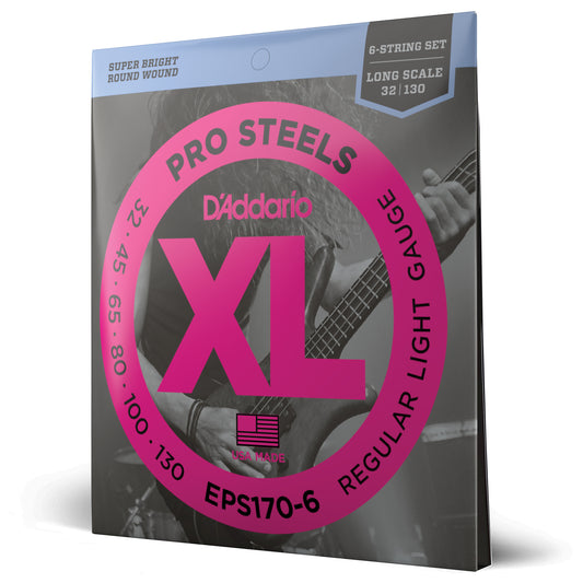 D'Addario EPS170-6 Regular Light 6-String, Long Scale, XL ProSteels Bass Strings, 32-130