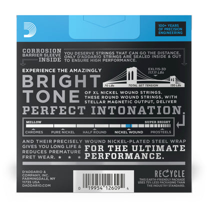D'Addario EXL115-3D Medium, XL Nickel Electric Guitar Strings 3-Pack, 11-49