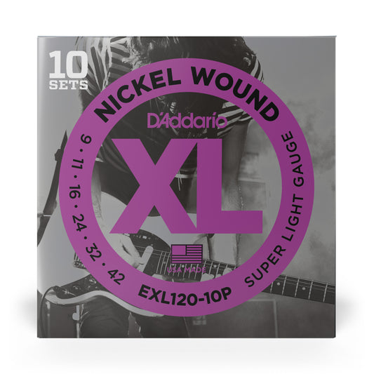 D'Addario EXL120-10P Nickel Wound Electric Strings, Super Light, 9-42, 10 Sets