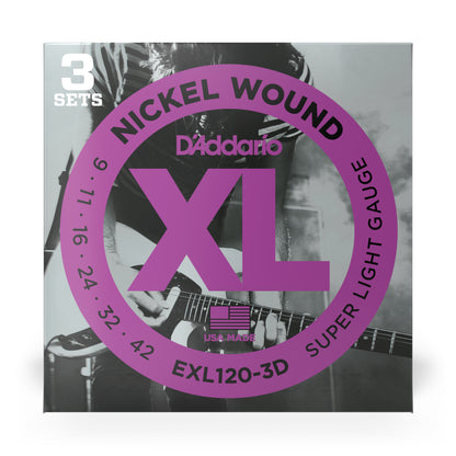 D'Addario EXL120-3D Nickel Wound Super Light Electric Guitar, 09-42, 3 Pack