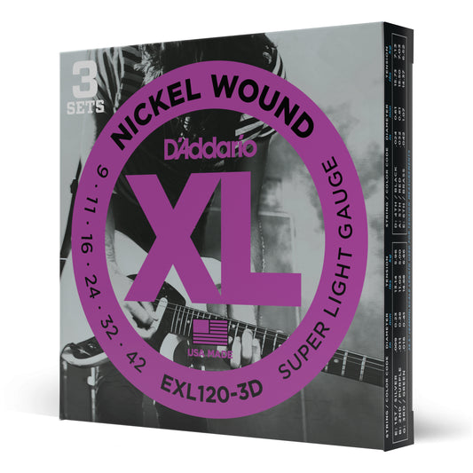 D'Addario EXL120-3D Nickel Wound Super Light Electric Guitar, 09-42, 3 Pack