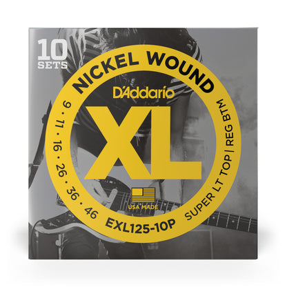 D'Addario EXL125-10P Super Light Top/Regular Bottom, XL Nickel Electric Guitar Strings 10-Pack, 9-46