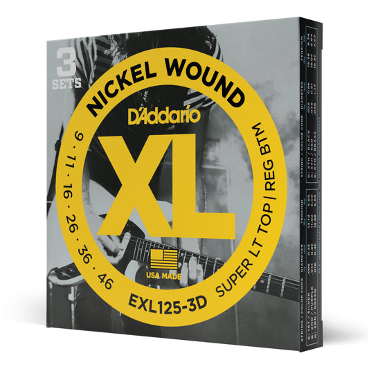 D'Addario EXL125-3D Nickel Wound, Super Light Top/ Regular Bottom, 09-46, 3 Pack