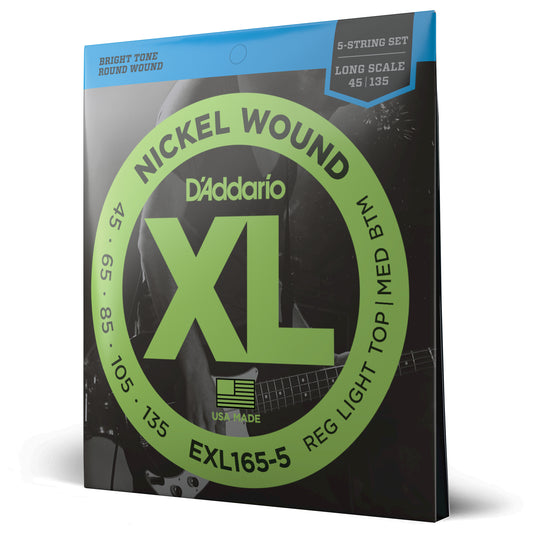 D'Addario EXL165-5 Regular Light Top/Medium Bottom 5-String, Long Scale, XL Nickel Bass Strings, 45-135