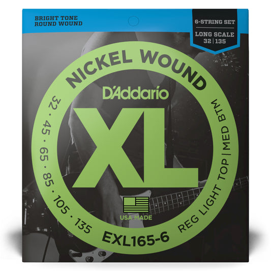 D'Addario EXL165-6 Regular Light Top/Medium Bottom 6-String, Long Scale, XL Nickel Bass Strings, 32-135