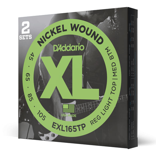 D'Addario EXL165TP 2-Pack Regular Light Top/Medium Bottom, Long Scale, XL Nickel Bass Strings, 45-105