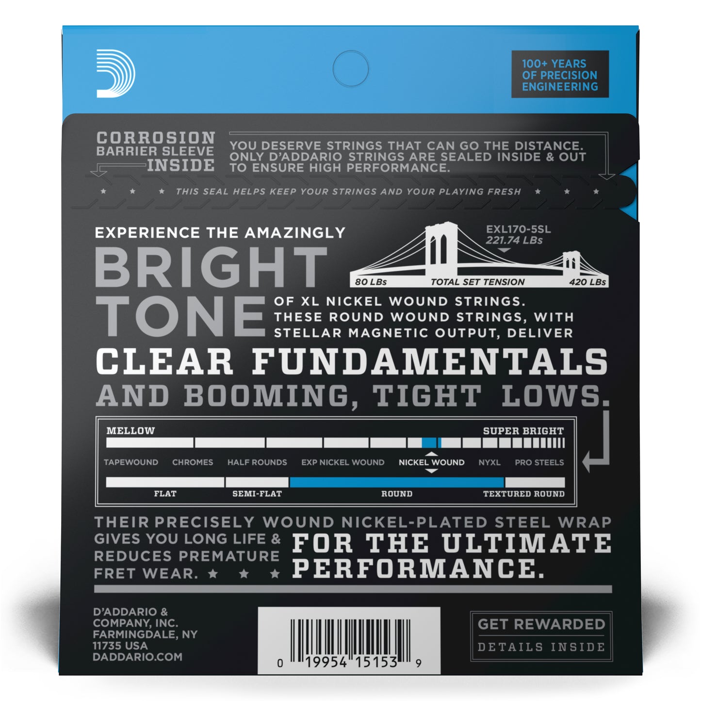 D'Addario EXL170-5SL Regular Light 5-String, Super Long Scale, XL Nickel Bass Strings, 45-130