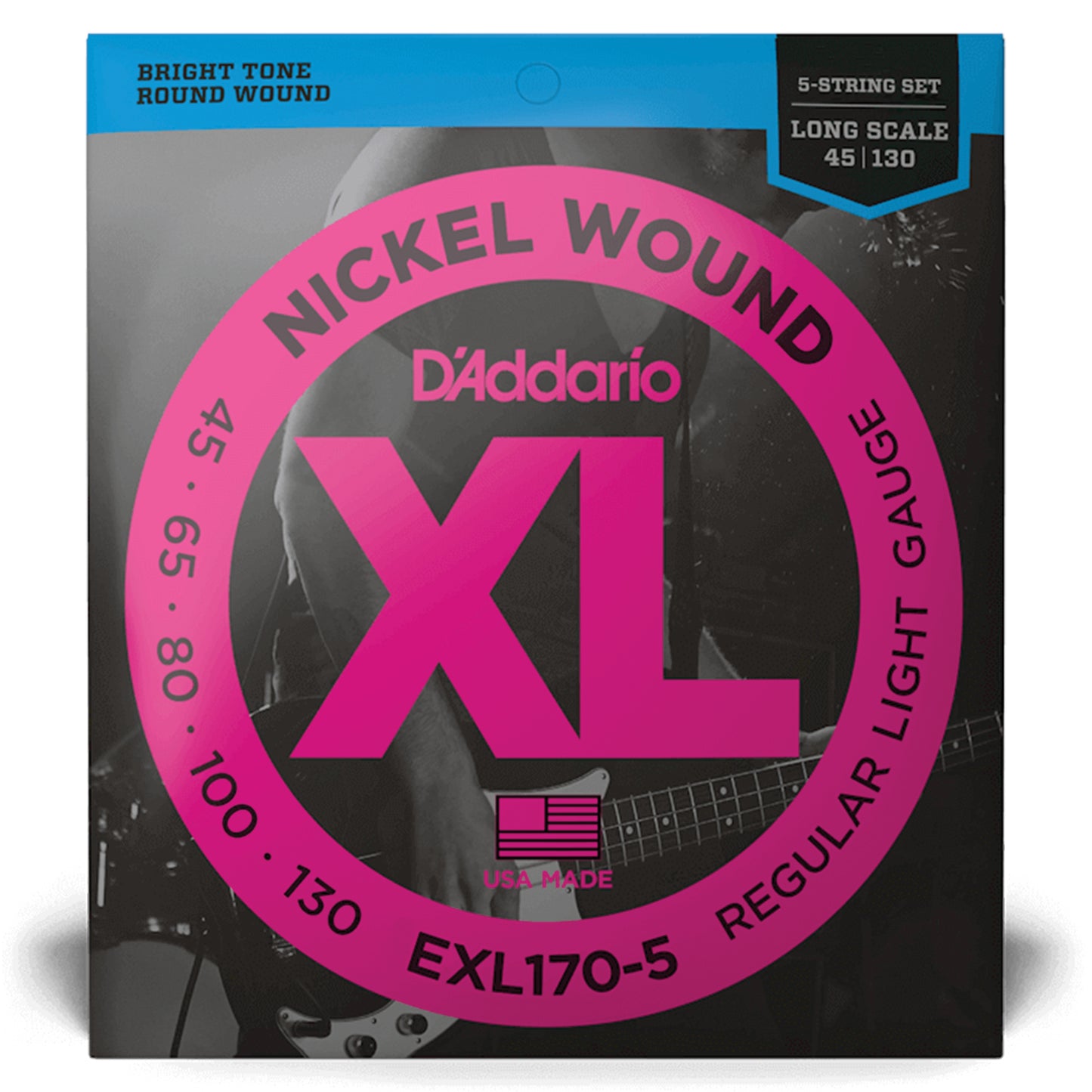 D'Addario Regular Light 5-String, Long Scale, XL Nickel Bass Strings, 45-130