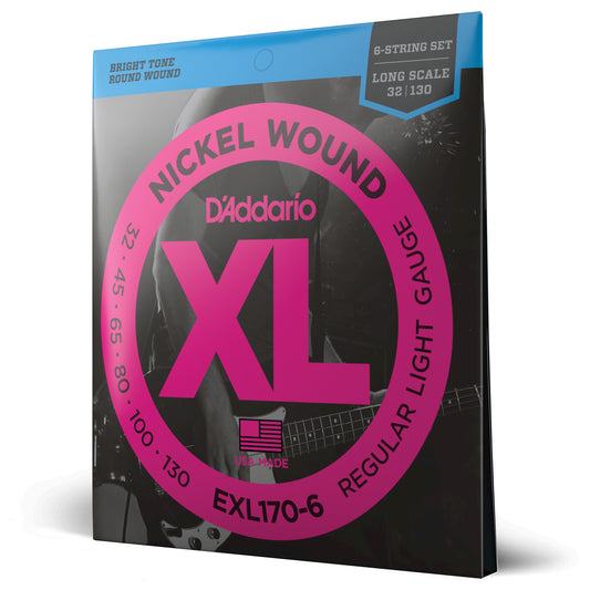 D'Addario EXL170-6 Regular Light 6-String, Long Scale, XL Nickel Bass Strings, 32-130