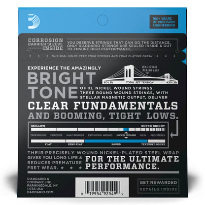 D'Addario EXL170-8 Regular Light 8-String, Long Scale, XL Nickel Bass Strings, 45-100