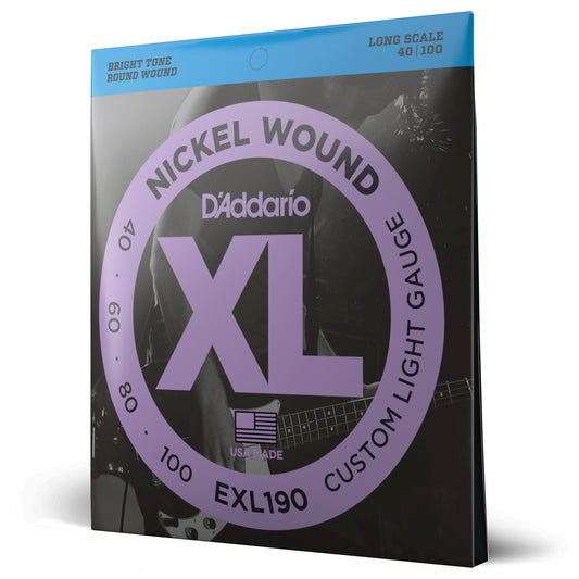 D'Addario EXL190 Custom Light, Long Scale, XL Nickel Bass Strings, 40-100