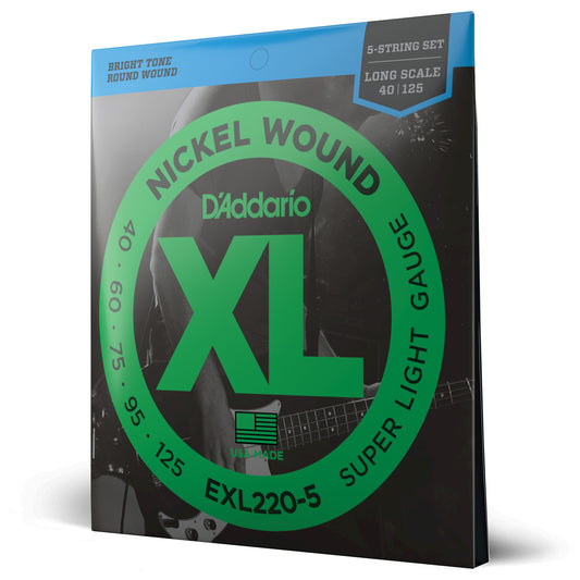 D'Addario Super Light 5-String, Long Scale, XL Nickel Bass Strings, 40-125