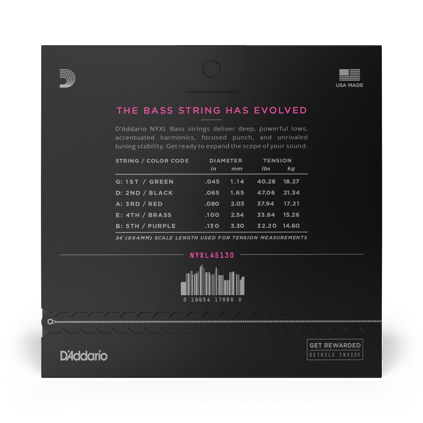 D'Addario Regular Light 5-String, Long Scale, NYXL Bass Strings, 45-130
