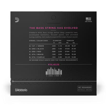 D'Addario Regular Light 5-String, Long Scale, NYXL Bass Strings, 45-130