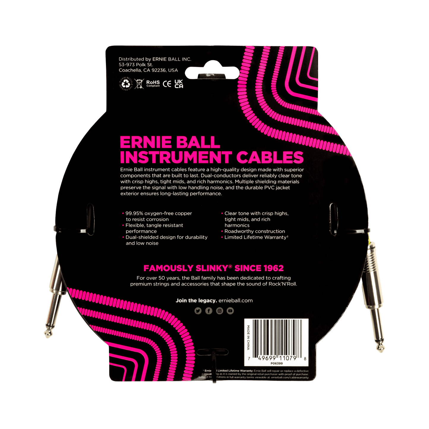 Ernie Ball Classic Instrument Cable Straight/Straight 15ft, Black, P06399