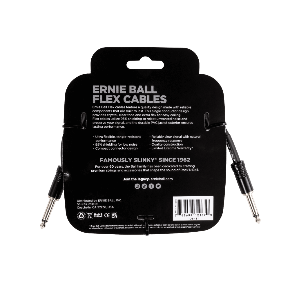 Ernie Ball Flex Instrument Cable Straight/Straight 10ft, Black, P06434