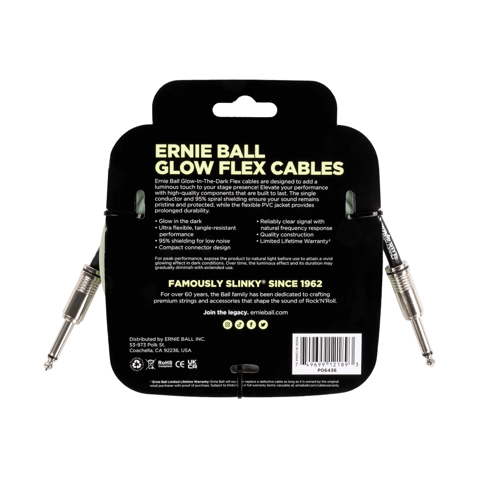 Ernie Ball Flex Instrument Cable Straight/Straight 10ft, Glow in Dark, P06436
