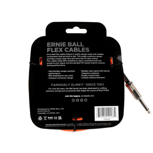 Ernie Ball Flex Instrument Cable Straight/Angle 20ft, Orange, P06467