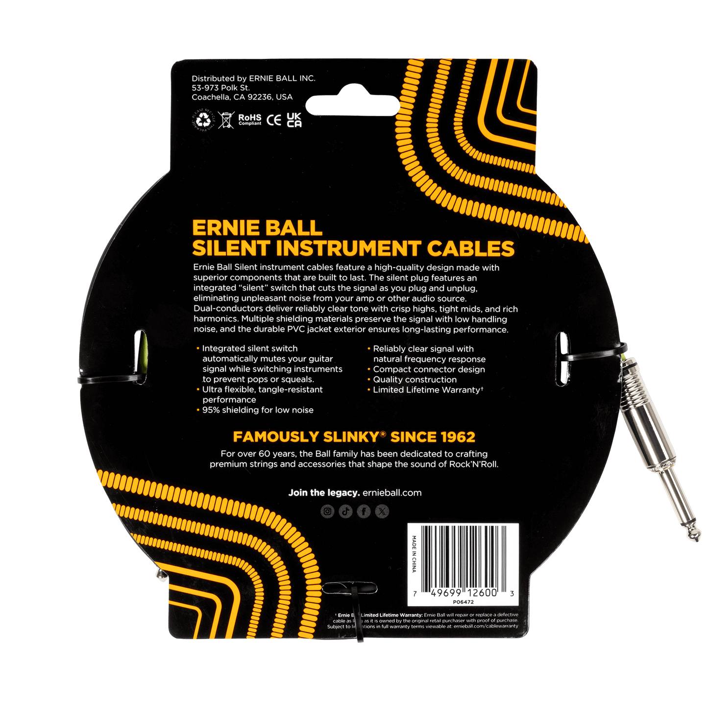 Ernie Ball Classic Silent Instrument Cable, Straight/Straight 10ft, Black, P06472