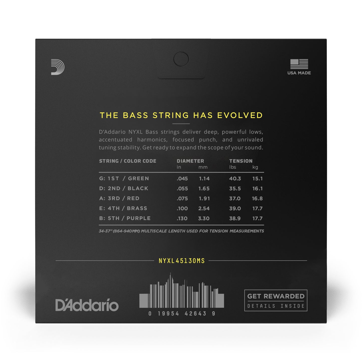 D'Addario Regular Light 5-String, Multiscale, NYXL Bass Guitar Strings, 45-130