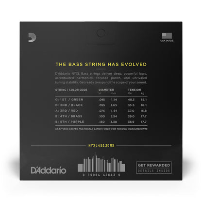 D'Addario Regular Light 5-String, Multiscale, NYXL Bass Guitar Strings, 45-130